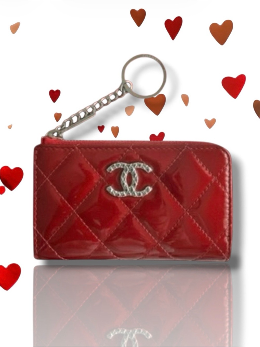 💗CHANEL Quilted CC Logo Zip Coin Purse Key Holder RED Patent Leather + Silver HW